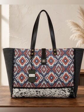 Weekender Bag Myra Canvas Leather  XL Cowhide Travel Duffel Western Boho Tribal